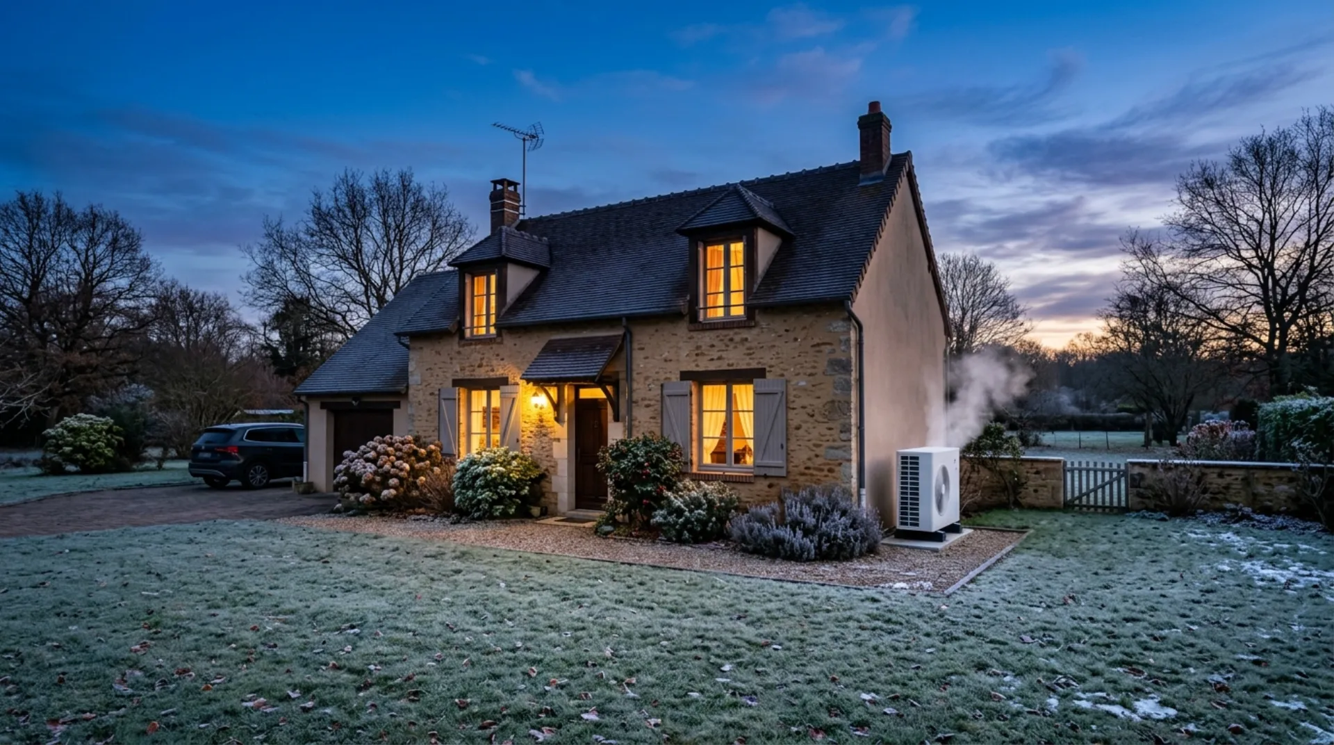 Maison francilienne chauffée par pompe à chaleur air-eau un soir d’hiver