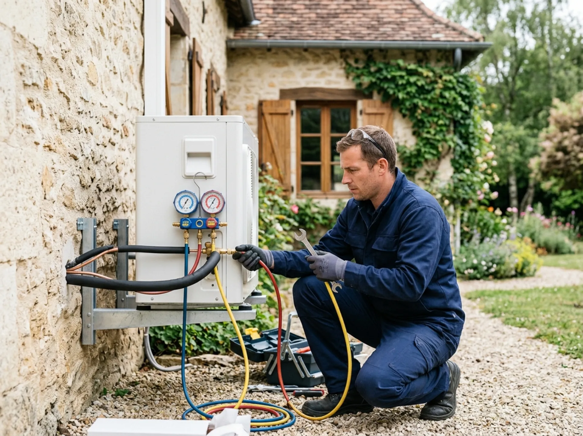 Technicien Nos Énergies effectuant les raccordements frigorifiques d’un équipement thermodynamique