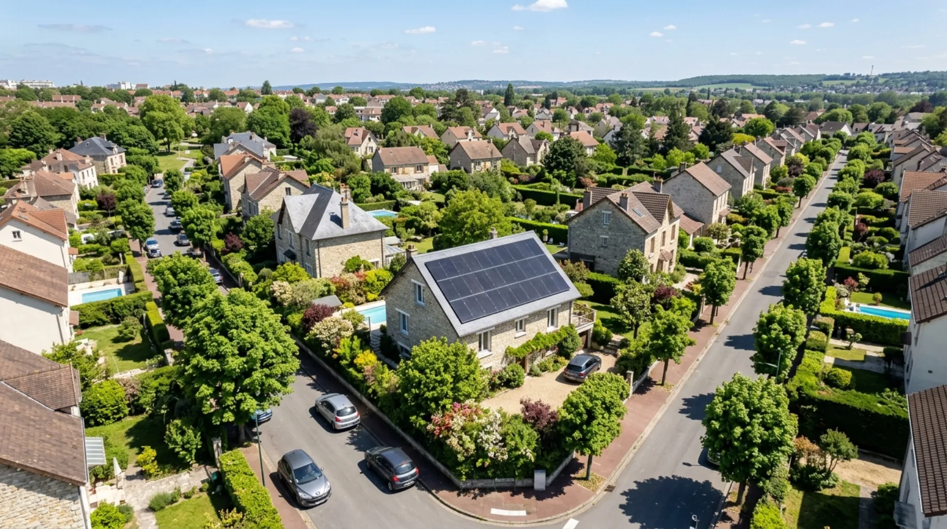 Pavillon d’Île-de-France équipé de capteurs solaires sur une toiture orientée sud
